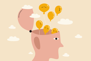 Relaxation to let anxiety and negative thought fly away, mentally relieve or mindfulness to cure depression, open head to let balloons with sad and unhappy face fly away.