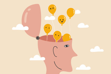 Relaxation to let anxiety and negative thought fly away, mentally relieve or mindfulness to cure depression, open head to let balloons with sad and unhappy face fly away.