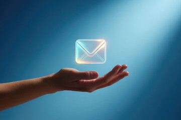 Glowing digital envelope icon levitating above an open hand against a gradient blue background