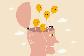 Relaxation to let anxiety and negative thought fly away, mentally relieve or mindfulness to cure depression, open head to let balloons with sad and unhappy face fly away.