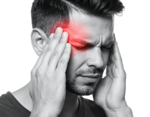 Human figure experiencing headache with highlighted pain area on head representing discomfort, stress, and medical condition isolated on white background