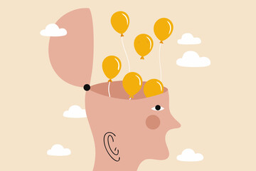 Relaxation to let anxiety and negative thought fly away, mentally relieve or mindfulness to cure depression, open head to let balloons with sad and unhappy face fly away.