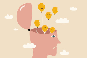 Relaxation to let anxiety and negative thought fly away, mentally relieve or mindfulness to cure depression, open head to let balloons with sad and unhappy face fly away.