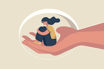 Mental health treatment, care and understanding about depression illness or psychotherapy to protect mental illness concept, warm hand tendering hold depressed solitude girl to solve stress problem.