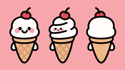 Cute Ice Cream Cones with Cherry Toppings and Happy Faces