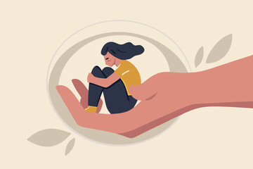 Mental health treatment, care and understanding about depression illness or psychotherapy to protect mental illness concept, warm hand tendering hold depressed solitude girl to solve stress problem.