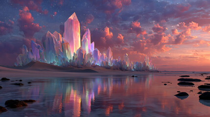 Surreal crystal cliff in holographic desert landscape