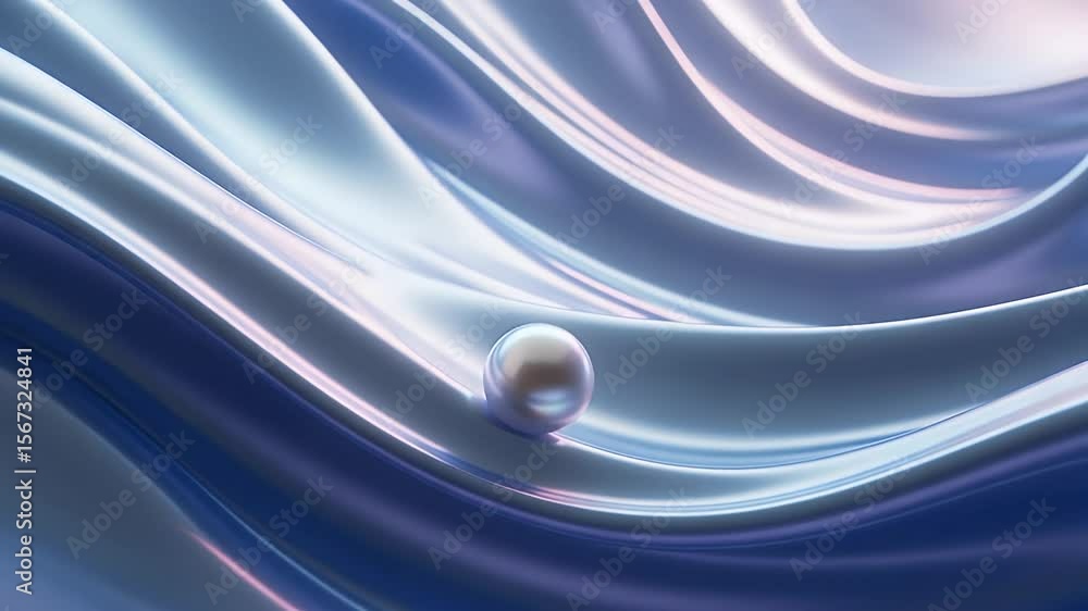 Poster serene pearl on flowing fabric: a single, luminous pearl rests gently on undulating waves of iridesc