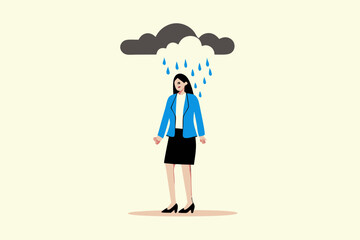 Workload and stress causing depression in office worker, mental illness or disorder in young woman concept, sadness depressed young lady in office uniform with cloud and rain metaphor of mind trouble.