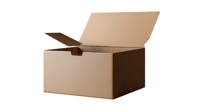 An open cardboard box awaiting its treasures symbolizing potential and on transparent background