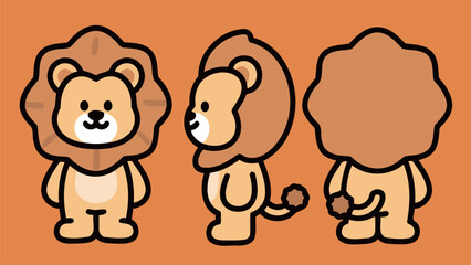 Cute Lion in Three Views front side and back