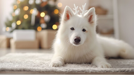 Fluffy Samoyed Dog in Reindeer Antlers Relaxes on a Rug With a Beautifully Decorated Christmas Tree During Golden Hour Indoors