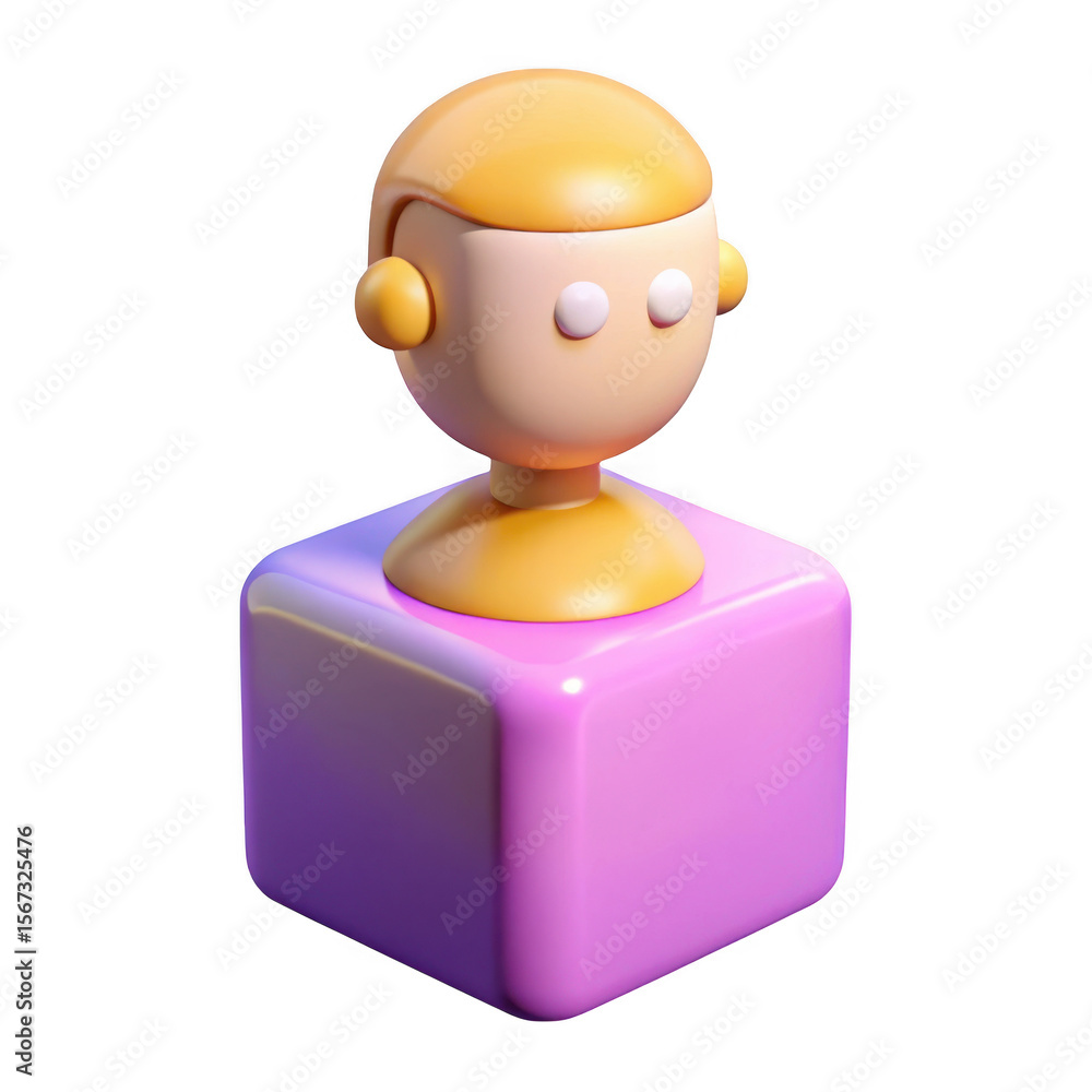 Poster 3d stylized character icon on pink cube isolated on transparent background