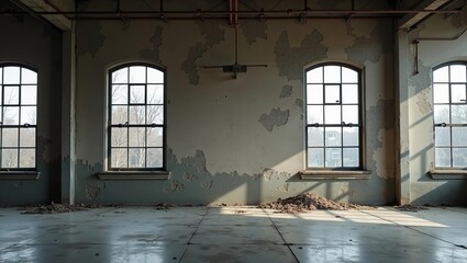 Empty abandoned industrial room with peeling paint, large arched windows and sunlight streaming onto dirty concrete floor