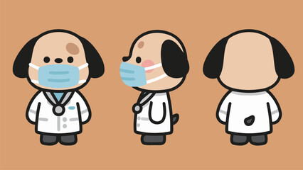 Cartoon Dog Wearing Mask and Lab Coat Facing Front Side and Back