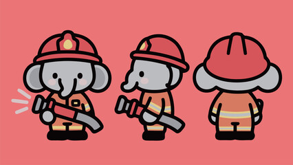 Firefighter Elephants Holding Hoses in Red Background