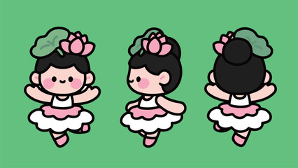 Cute Ballet Dancer with Flower Headpiece and Pink Tutu in Three Poses