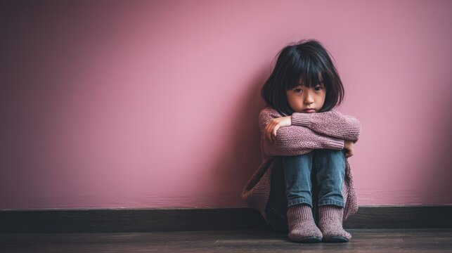 A 9-year-old child sitting in a cozy corner, hugging knees, eyes downcast with tearful expression