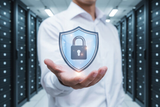 Man holding a digital shield with a padlock symbolizing data security in a server room