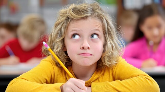 A 10-year-old child holding a pencil tightly, nervous expression, glancing sideways in a classroom setting