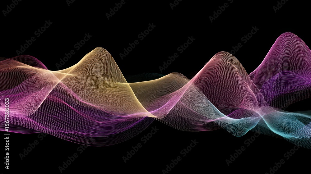 Poster Thin neon waveform lines intersecting in a layered, abstract pattern against a clean black backdrop.