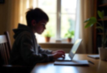 Generative AI young student engaged with laptop learning at home