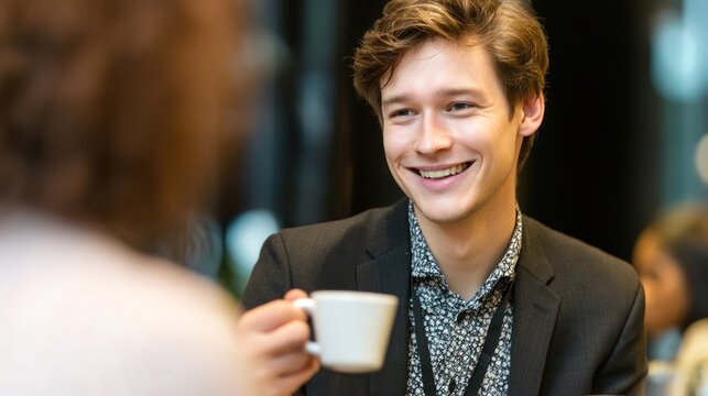 Authentic Networking Moment - A professional holding a coffee cup, mid-laugh, as if engaged in a casual yet meaningful business interaction