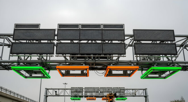 Dynamic Message Signs Above Highway For Traffic Management And Commute Efficiency