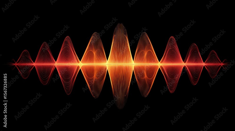 Fototapete symmetrical mirrored waveform pattern in vivid orange and red tones on a pure black background.