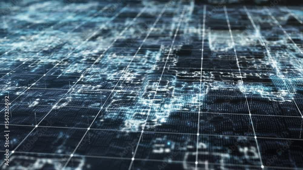 Poster futuristic digital grid map with glowing blue circuit patterns