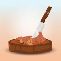 Ginger and knife on wooden coaster stock design illustration