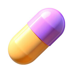 3d medical capsule with yellow and purple halves isolated on transparent background