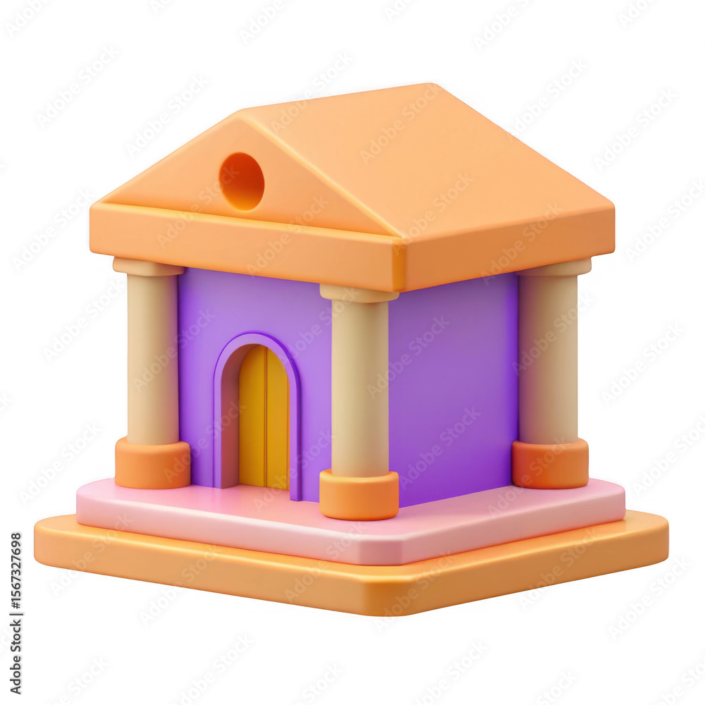 Poster 3d cartoon bank building with columns isolated on transparent background