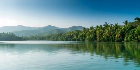 Peaceful Lake with Tropical Mountains and Sky