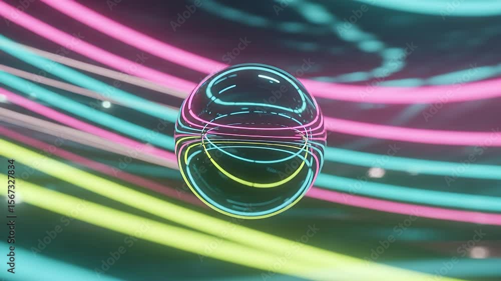 Poster glowing orb in abstract space: a captivating translucent sphere illuminated with vibrant neon lines,