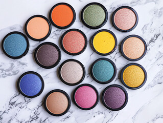 Colorful Array of Eye Shadows on Marble Surface for Makeup Enthusiasts
