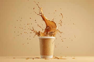 ultra HD visual of falling disposable cup with coffee splash