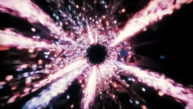 Colorful wormhole tunnel with particle streaks and galactic energy imploding inward
