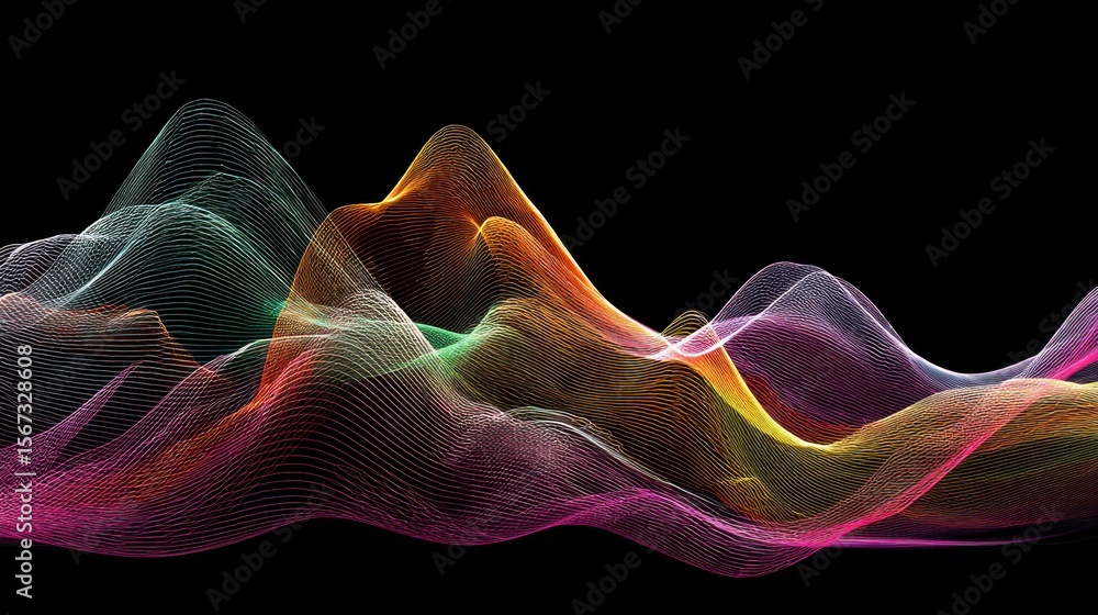 Poster Multi-layered, colorful waveform lines overlapping in smooth oscillating patterns on black.