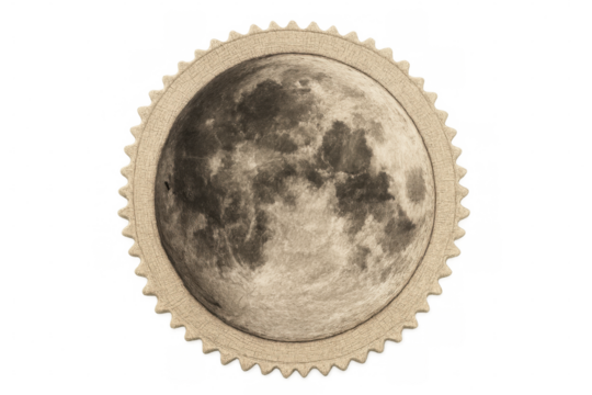 Realistic full moon with detailed craters and a decorative serrated border, isolated on transparent background, ideal for space-themed projects - Powered by Adobe