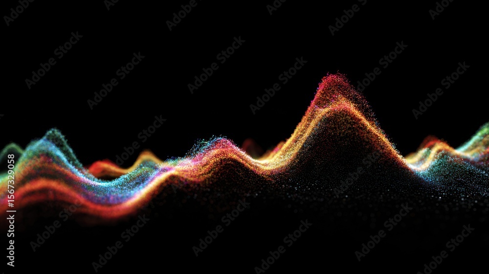 Poster multi-color digital waveform pulses in rhythmic waves, isolated on pure black.