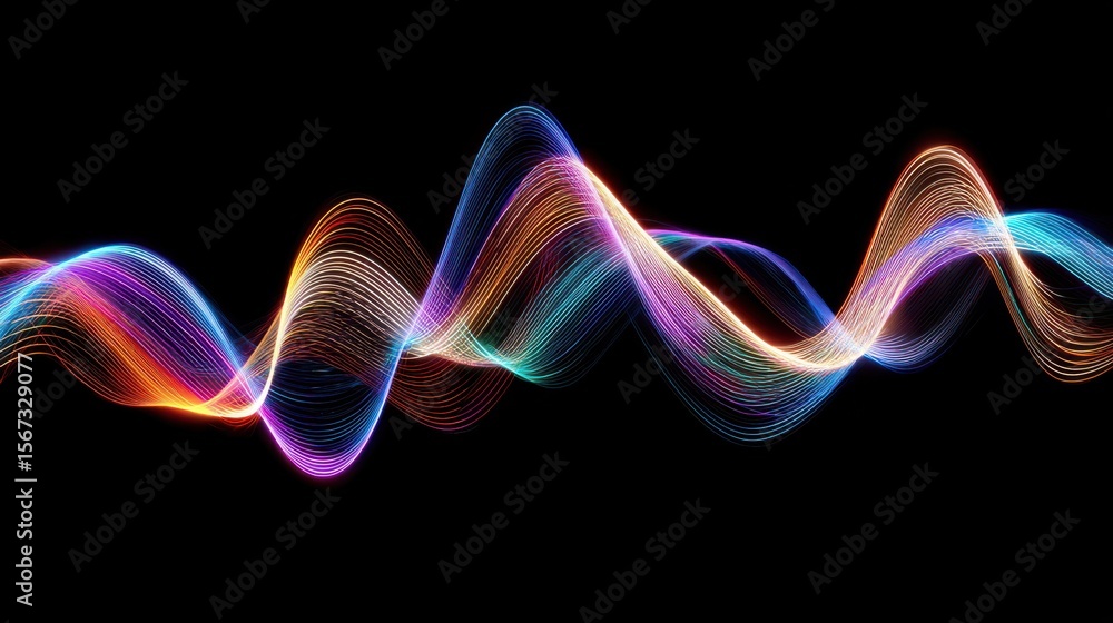 Poster multi-color digital waveform pulses in rhythmic waves, isolated on pure black.