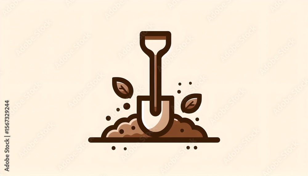 Poster simple illustration of spade and soil interaction placed on soft brown backdrop representing gardeni