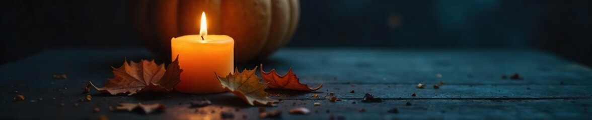 Flickering Halloween Candlelight Eerie Glow on Dark Surface, Perfect for Autumnal and Thriller Decor