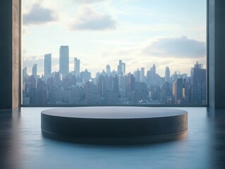 ultra quality picture of Photo of a flat podium with city in the background, high detail, 8k