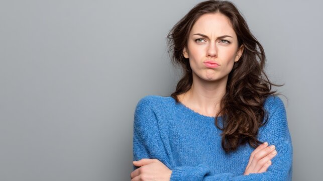 Envy (Age 31) - Woman looking to the side with a slight frown, pursed lips, arms crossed protectively