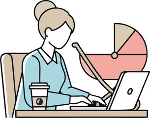 Fototapeta premium Freelancer Mom Working with Laptop and Coffee – Vector Illustration of Work-Life Balance