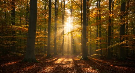 Sunlight shines through trees in a forest casting shadows on the ground.