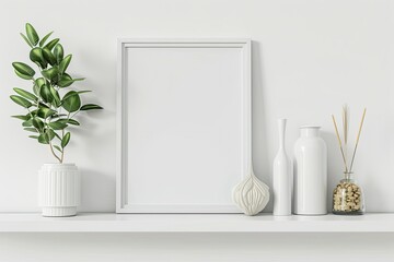 High Detail Visual of Blank Frame on Shelf on White Wall