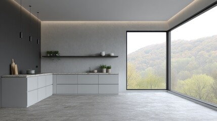 Modern kitchen with large picture window showcasing a hillside autumn view